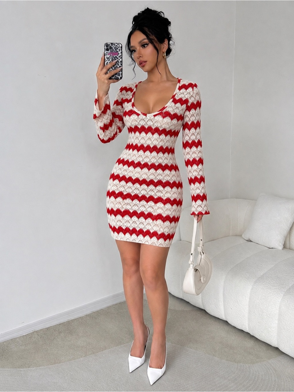 Chelsea & Violet Red and White Chevron Scoop-Neck Mini Dress